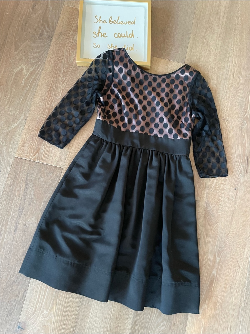 Eliza J Black Swiss Polka Dot Dress Sheer 3/4 Sleeves Flared Skirt